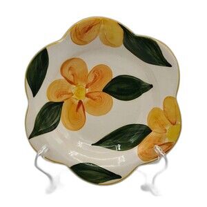 VTG Studio Handpainted Pottery Yellow Daisy 9" Scalloped Dish Signed Maisie